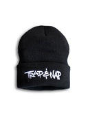 Trap & Nap Trap House Beanie, flat lay, embroidered logo front view