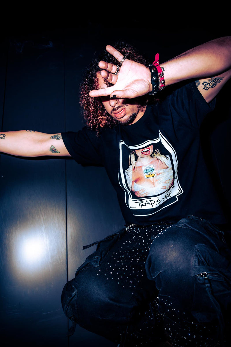 Model in Trap & Nap Polaroid Tee in black, lifestyle editorial