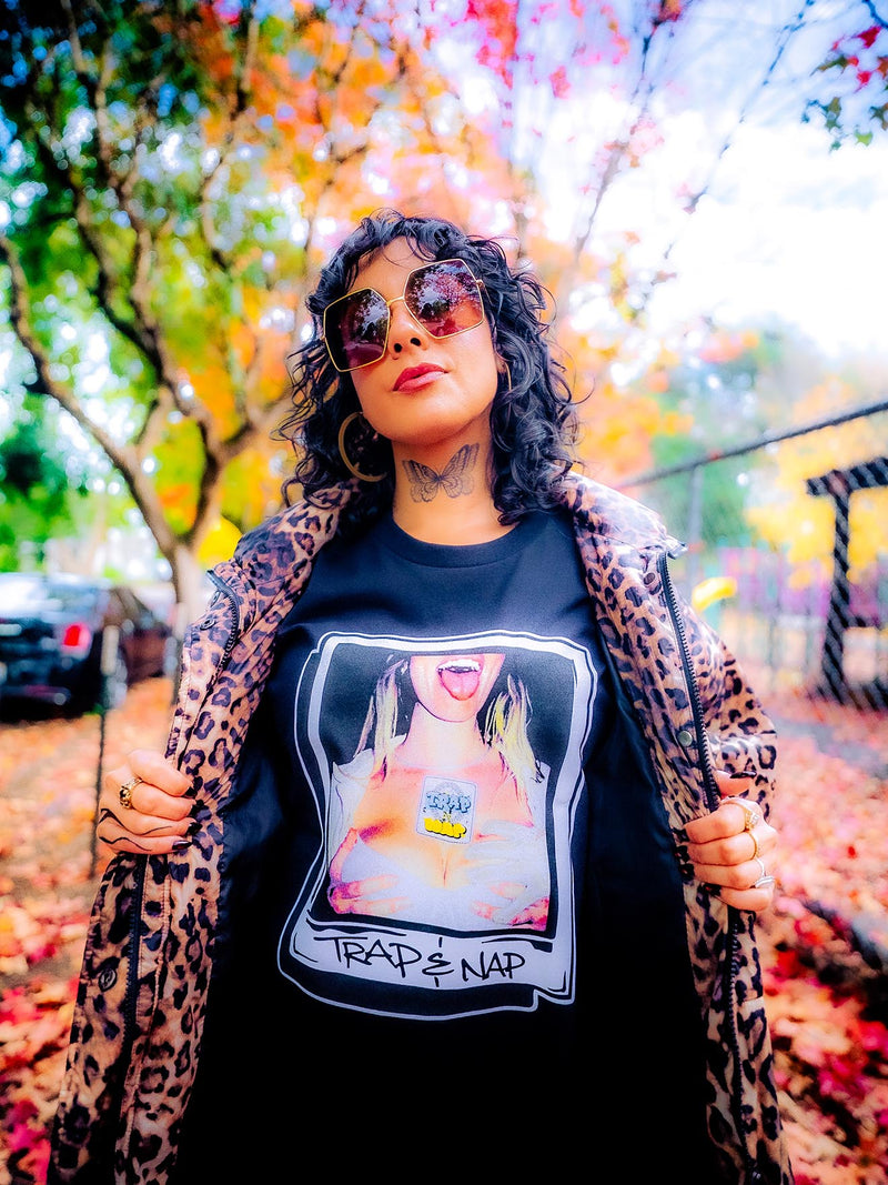 Model in Trap & Nap Polaroid Tee with leopard jacket, autumn lookbook