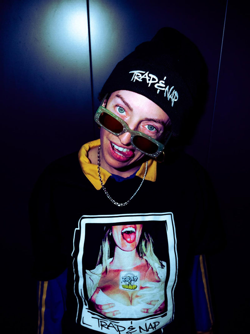 Model wearing Trap & Nap Polaroid Tee and beanie, portrait